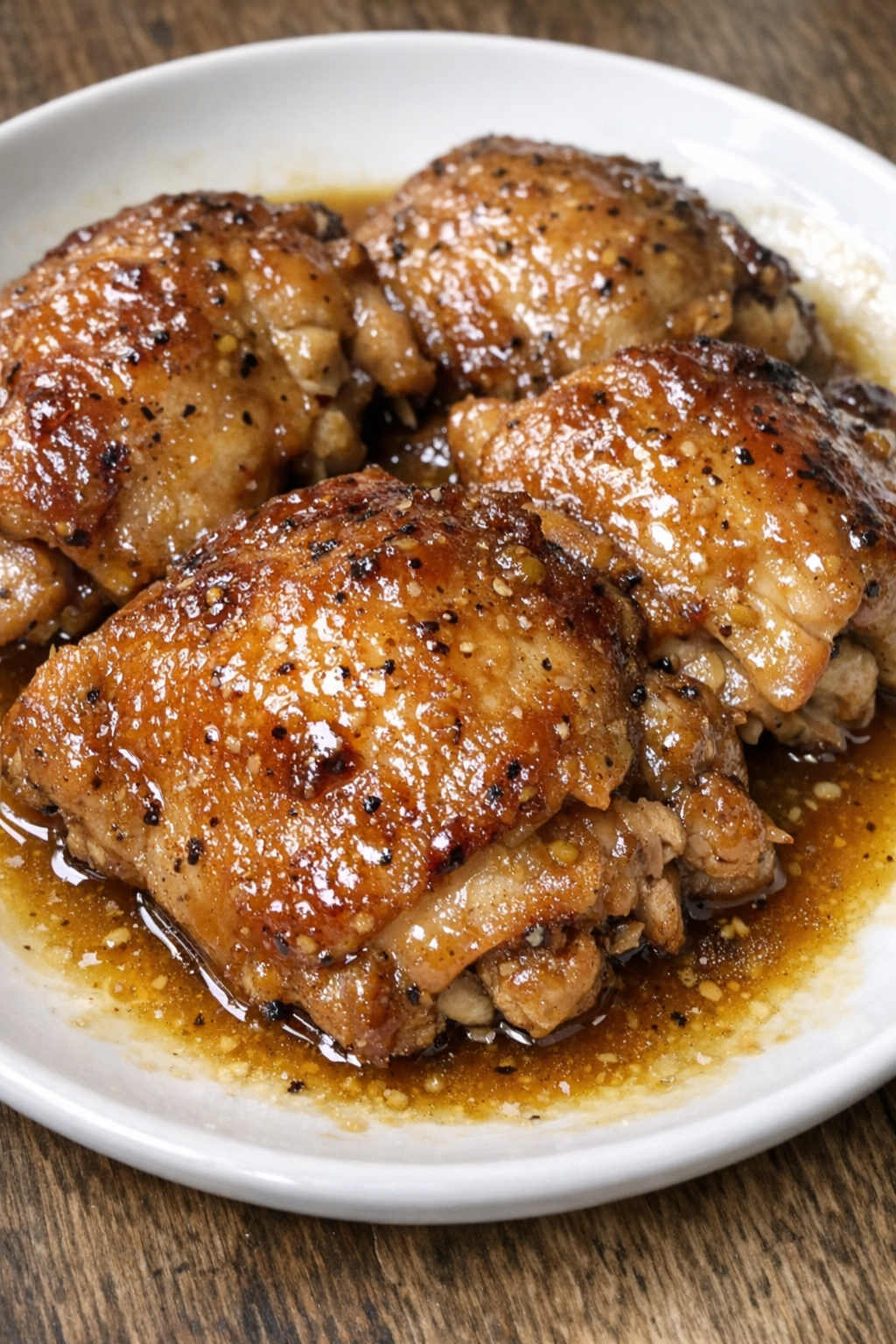 Slow cooker Amish honey mustard chicken plated on a white ceramic plate