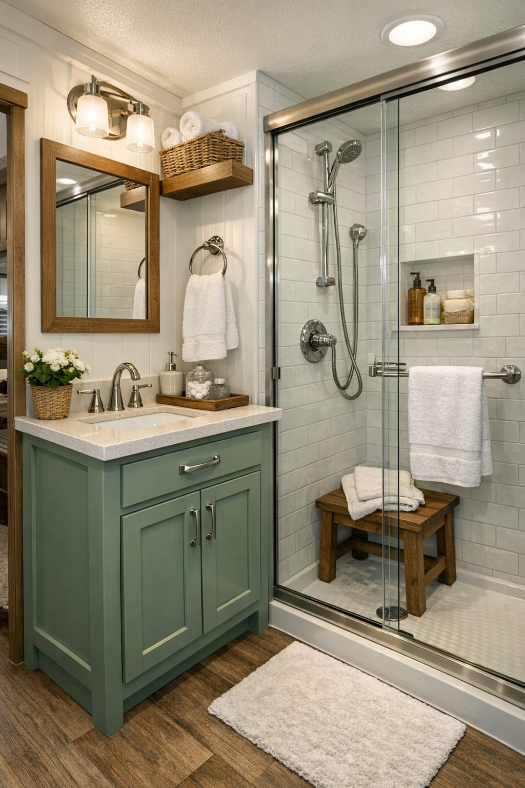 Bright compact bathroom with sage vanity, light tile, and simple polished fixtures