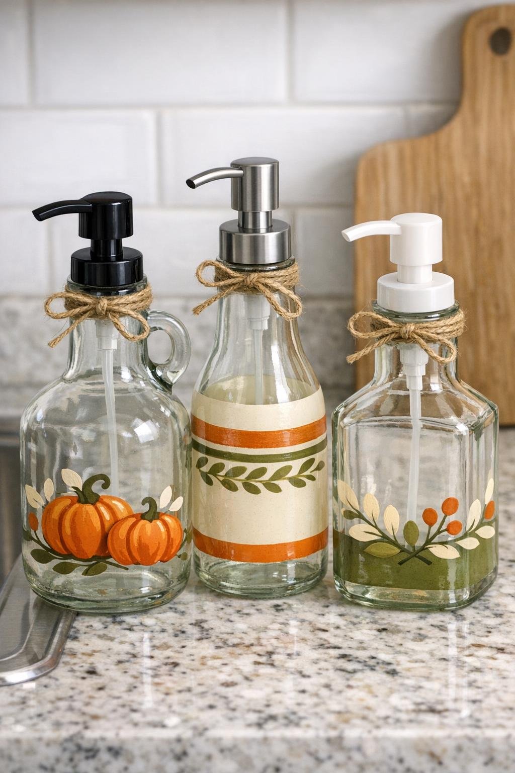 Finished set of three harvest soap dispensers made from old glass vinegar bottles