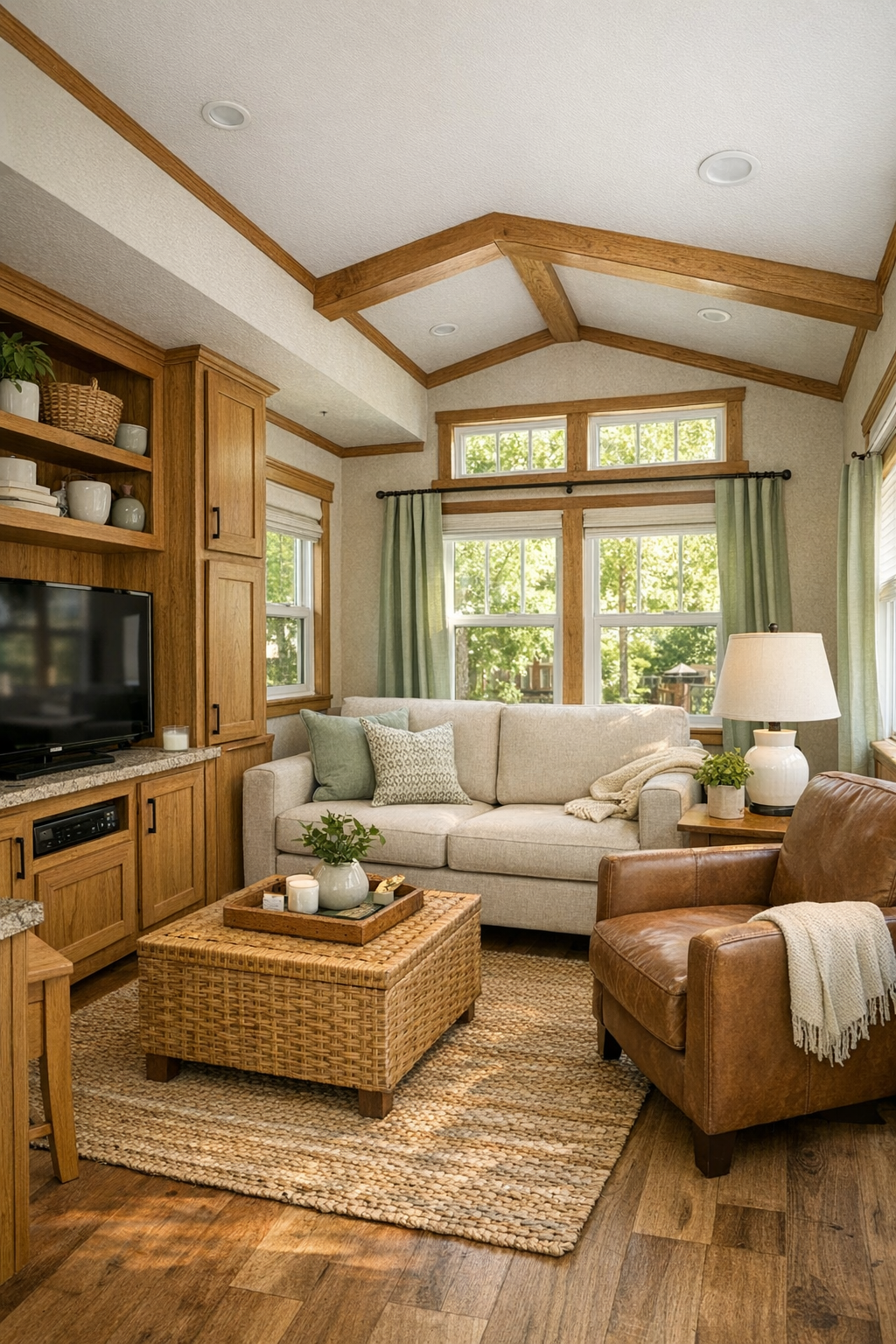Cozy craftsman-style RV living room with sage accents and warm wood details