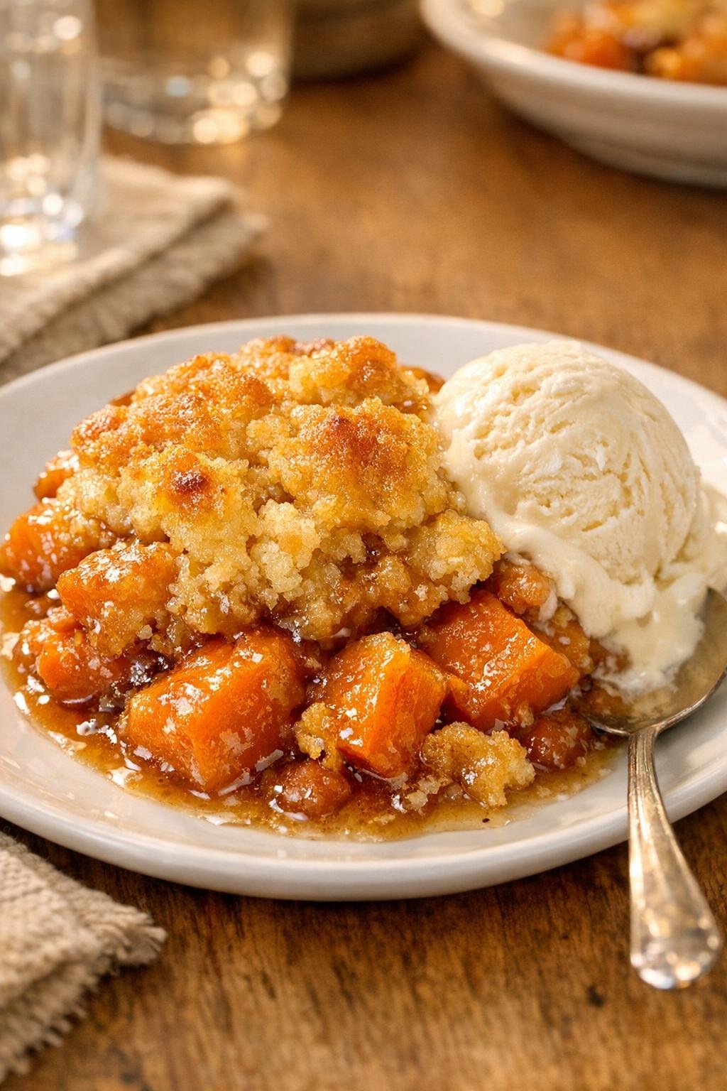 Zoete aardappelcrumble, warm geserveerd met vanille-ijs.