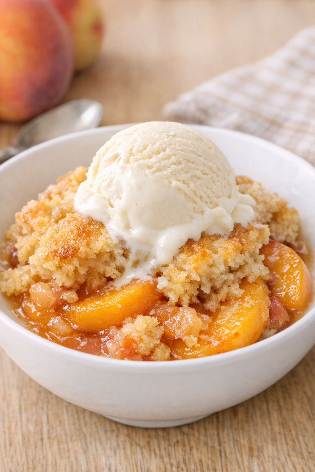Finished slow cooker peach dessert in a serving bowl