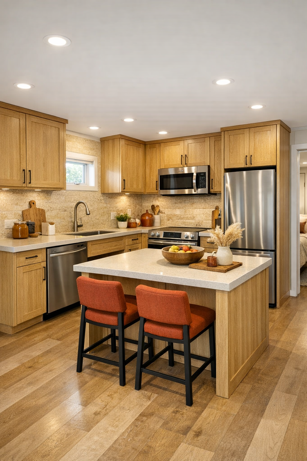 Warm accessible kitchen with oak cabinetry and wide circulation