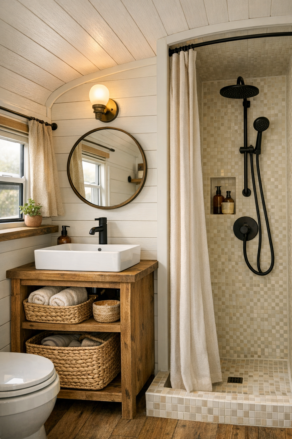 Compact bus bathroom with wood vanity, white shiplap walls, and small tiled shower
