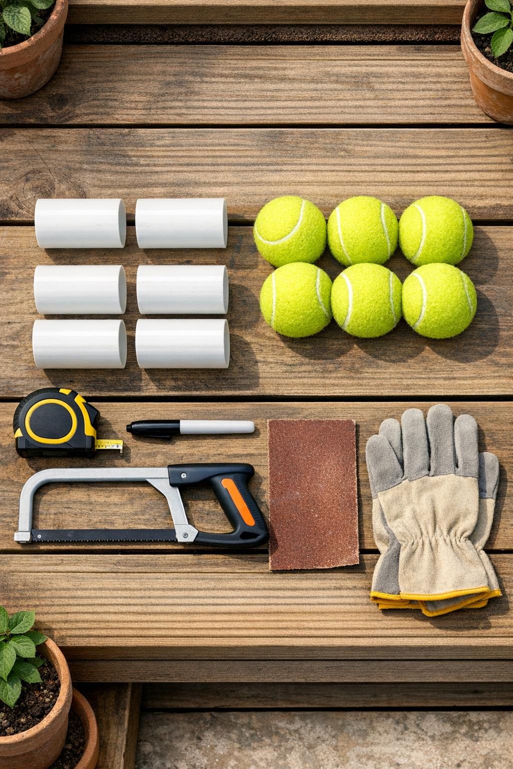 PVC pipe sections, tennis balls, and cutting tools laid out on a potting bench