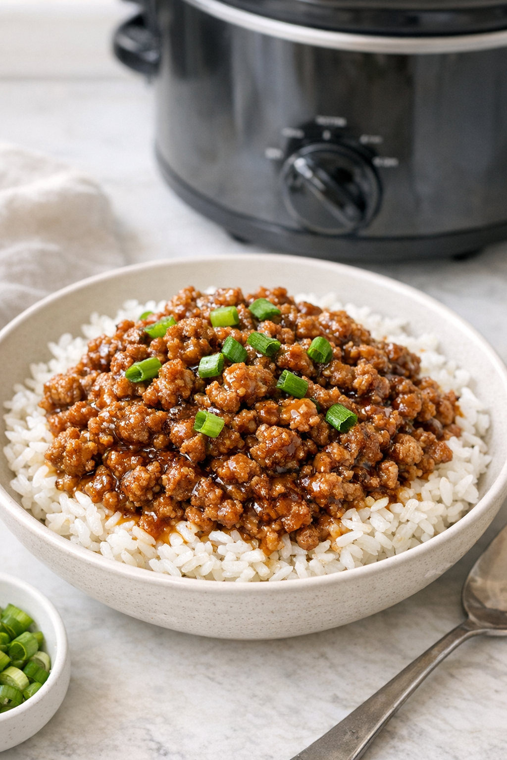 Finished slow cooker ground pork served over rice