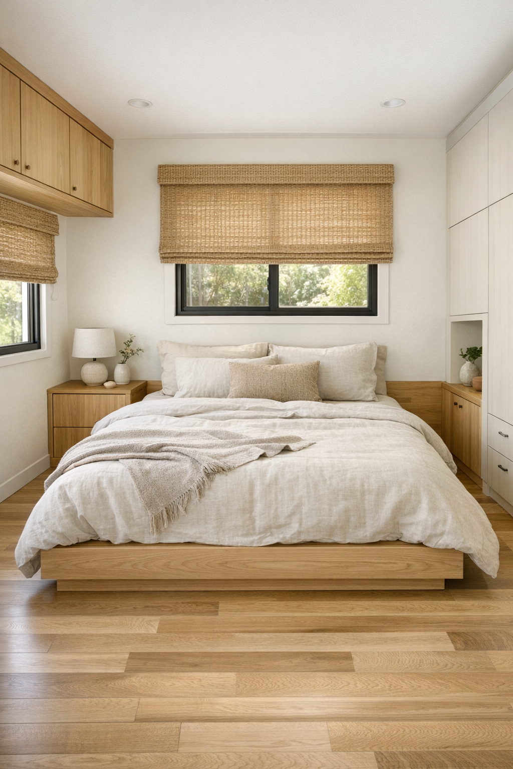 Serene tiny home bedroom with platform bed and built-in storage