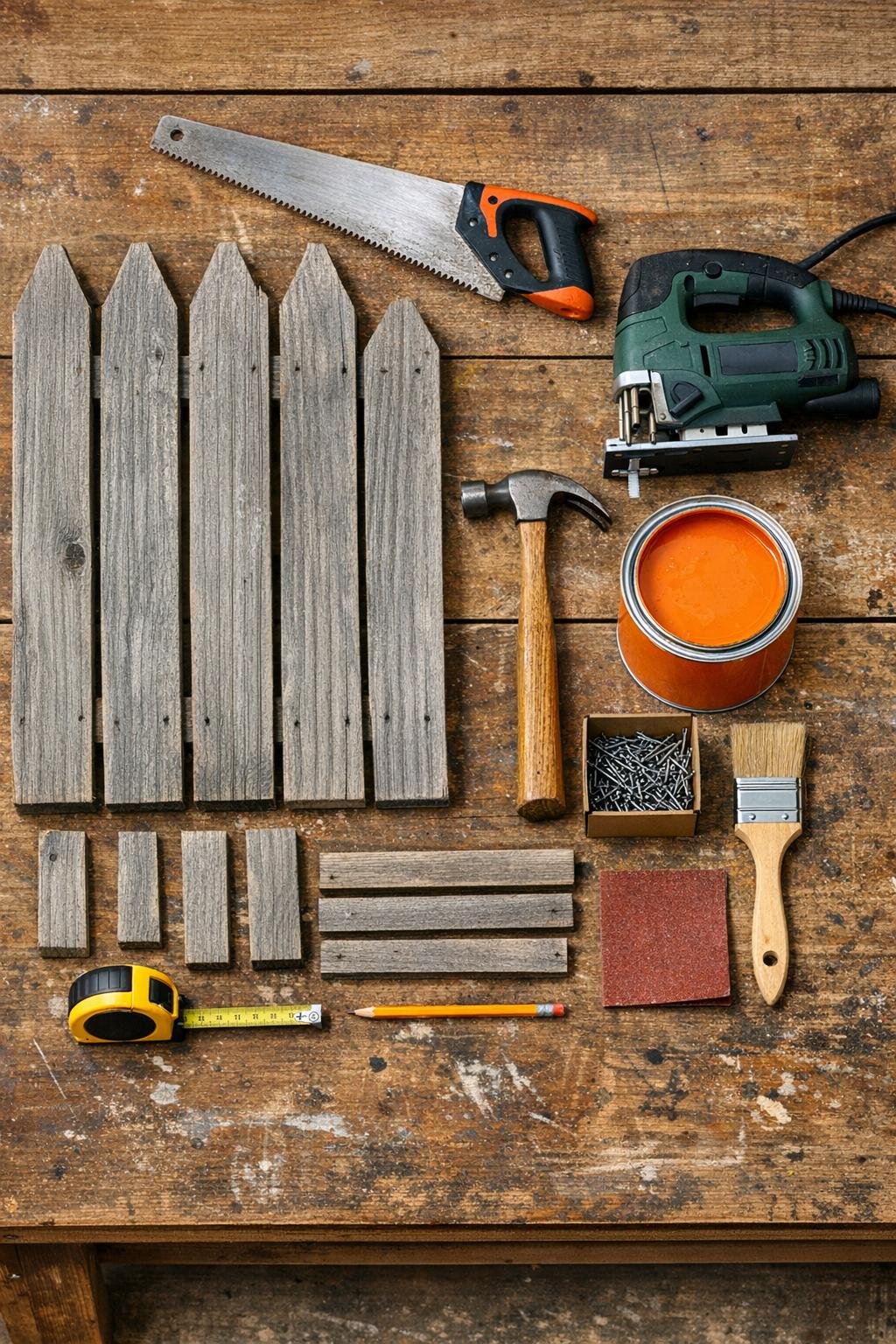 Old fence pickets, tools, and paint laid out for the project