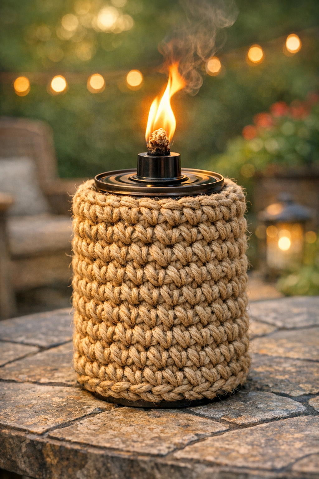 Finished crocheted jute coffee canister tiki torch holder