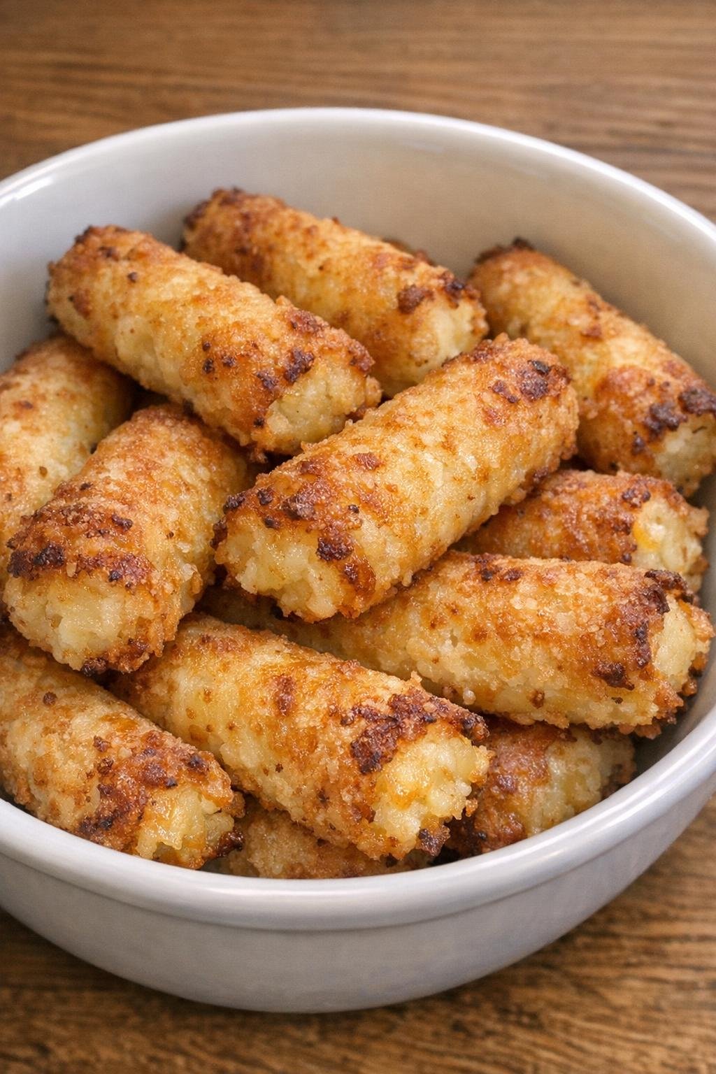 Golden brown potato cheese sticks in a white ceramic bowl