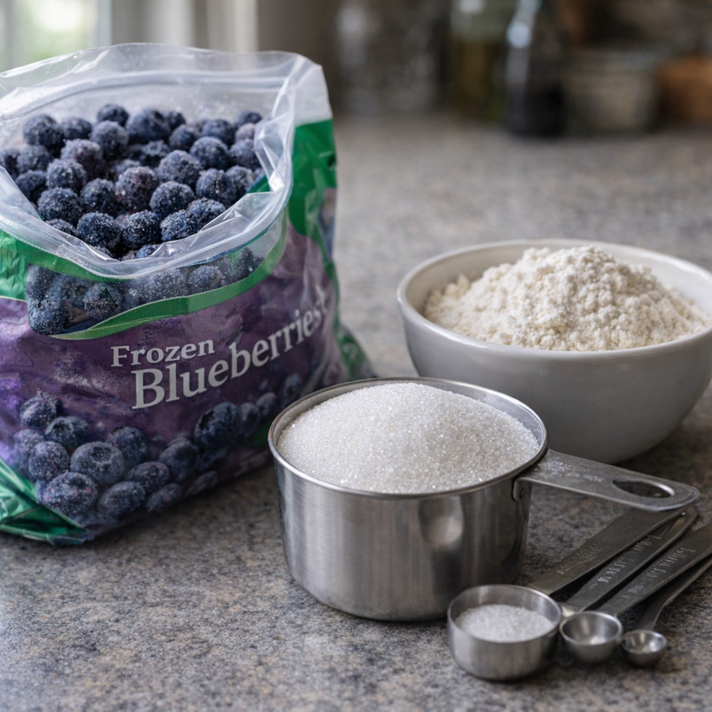 Ingredients for blueberry slow cooker dessert arranged on a counter