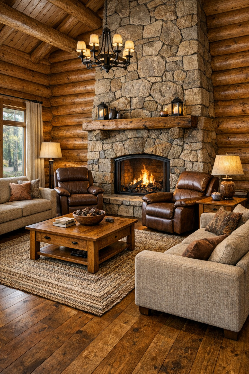 Living room with nutmeg-toned log walls, stone fireplace, and handcrafted wood furniture