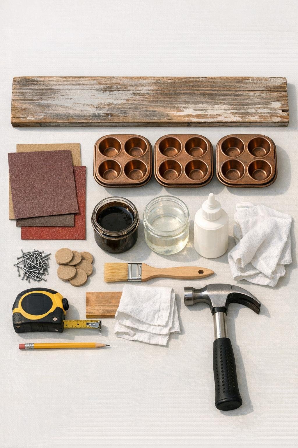 Materials laid out for the wooden tray and copper muffin tin entryway organizer