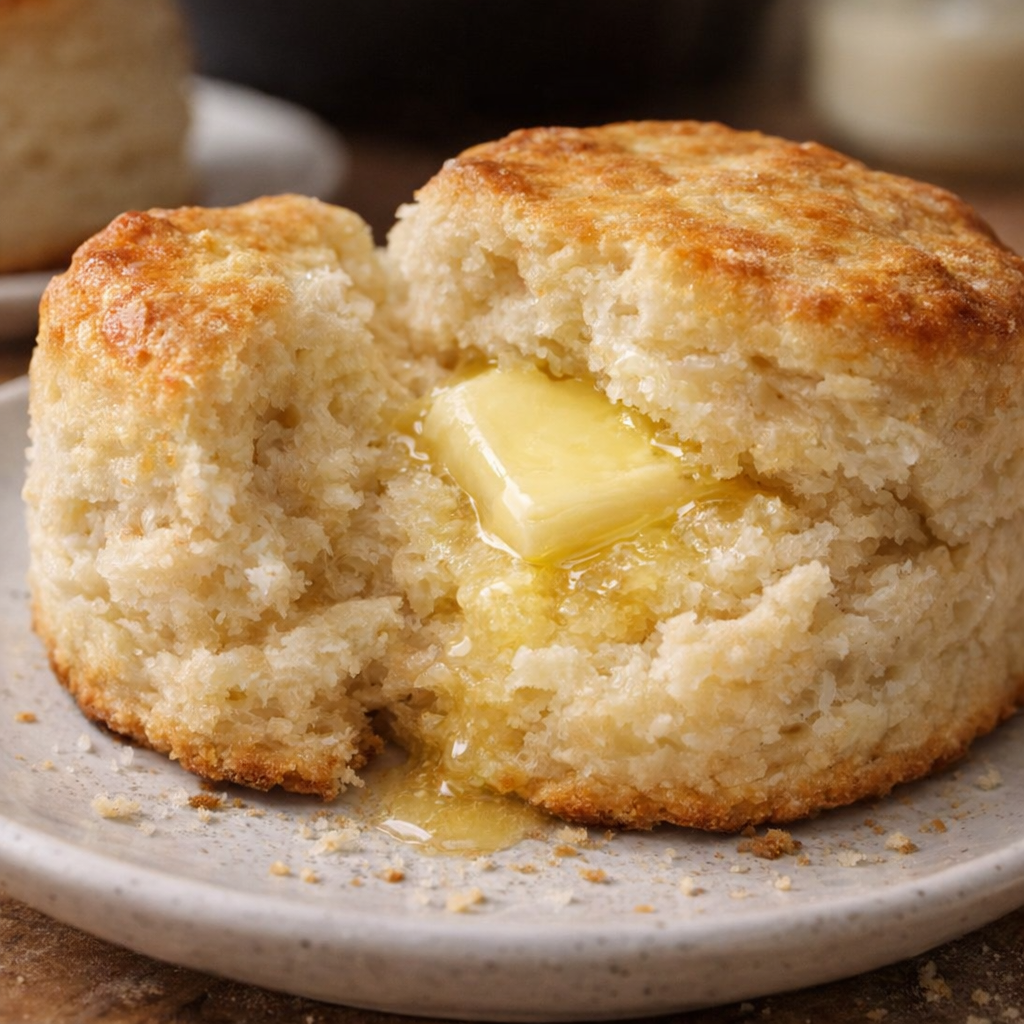 Split biscuit with fluffy interior and butter