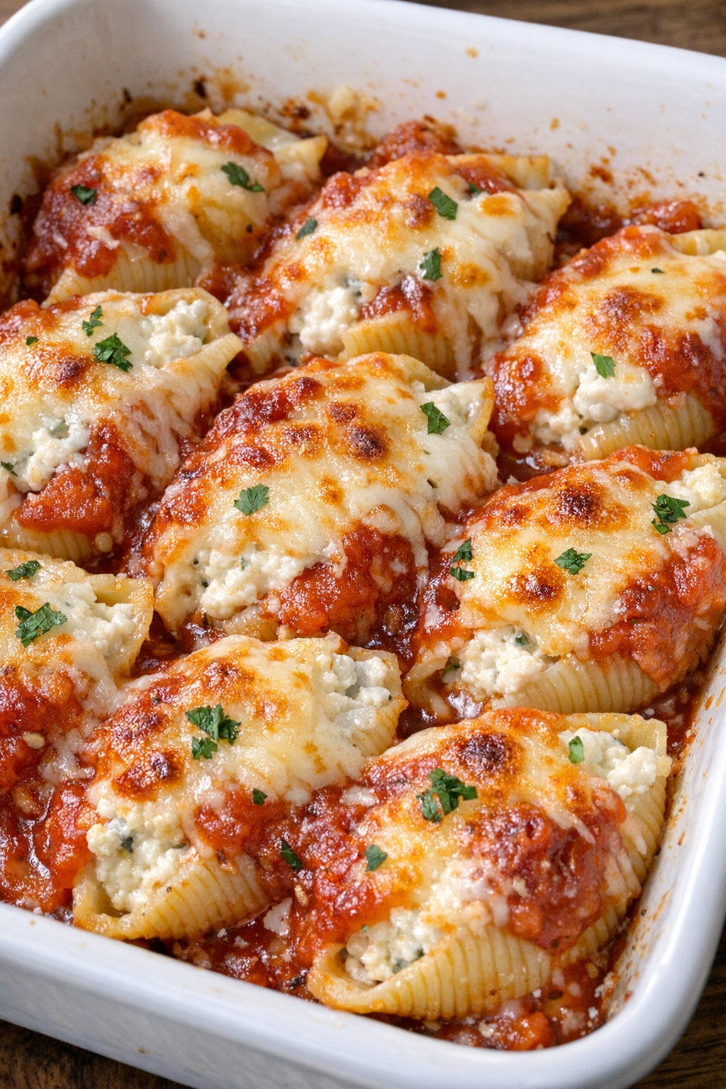 Stuffed shells baked with ricotta, mozzarella, and marinara in a white casserole dish