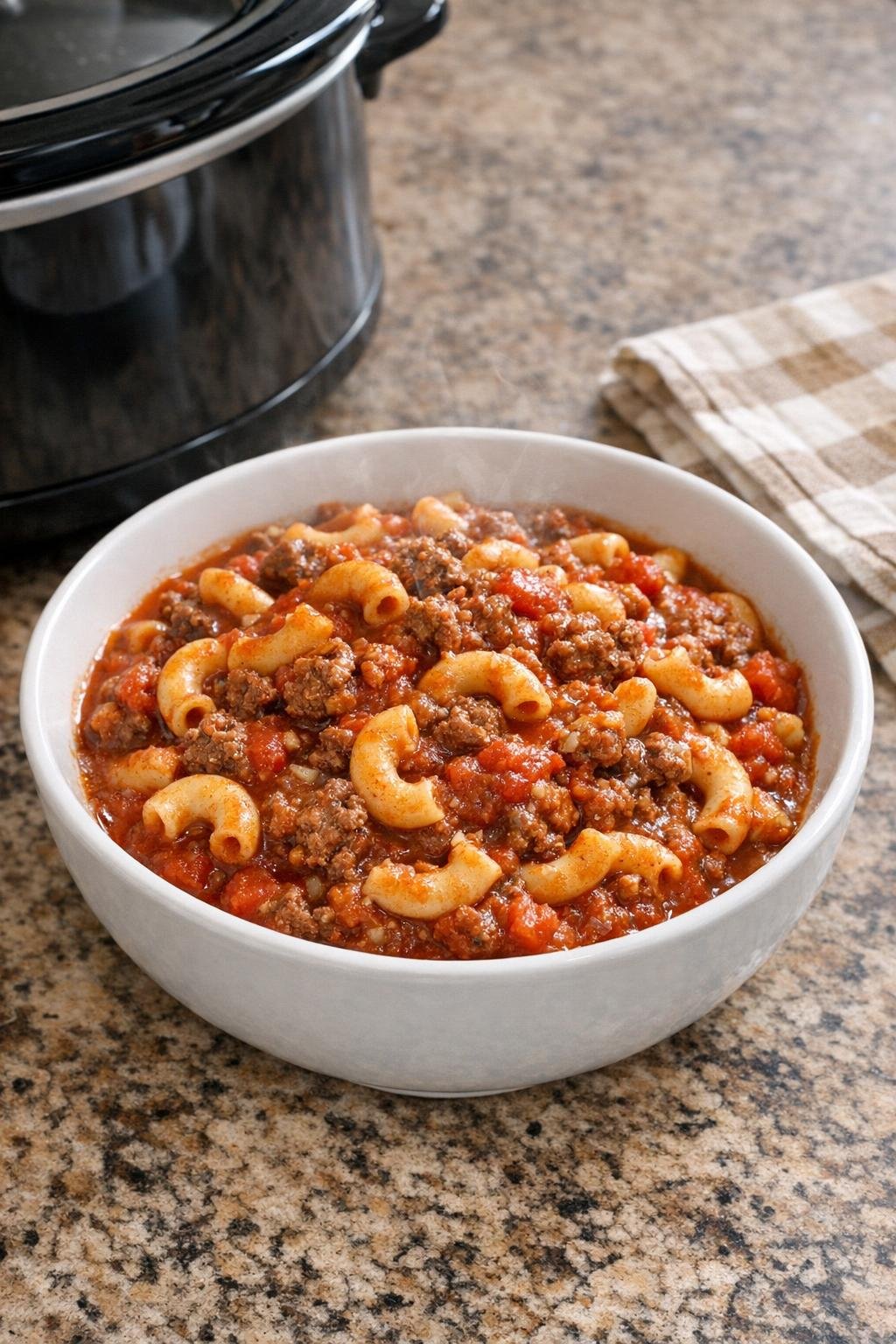 Finished bowl of slow cooker poor man's goulash
