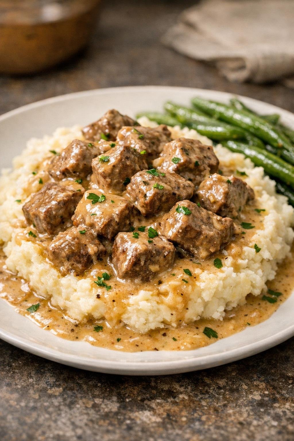Finished plated beef tips with creamy gravy