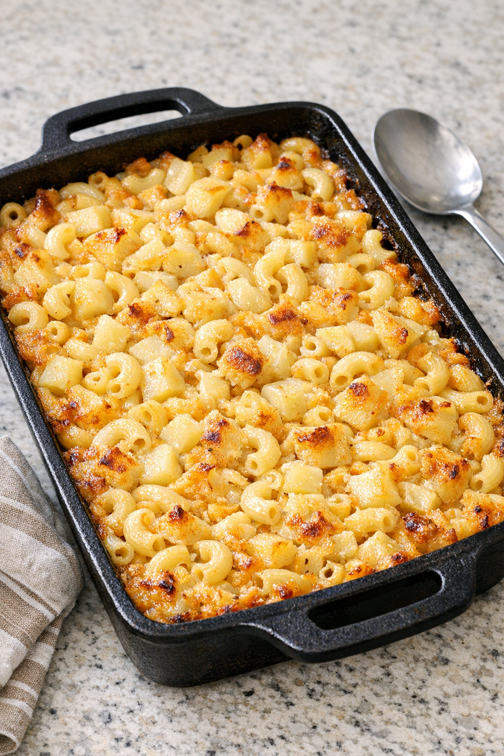 Finished baked Amish potato macaroni in a cast iron pan