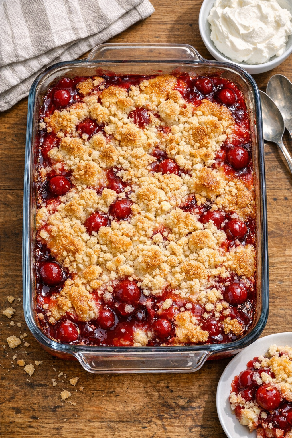 Finished baked pound cake cherry dessert in glass dish