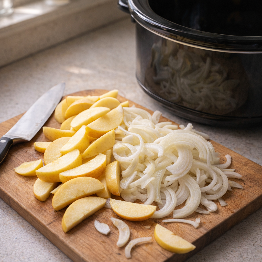Sliced apples and onions ready for the slow cooker