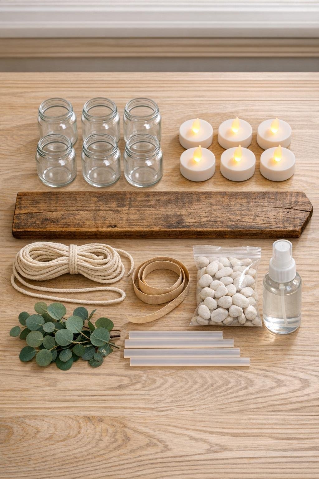 Materials for a spice jar windowsill candle display laid out together