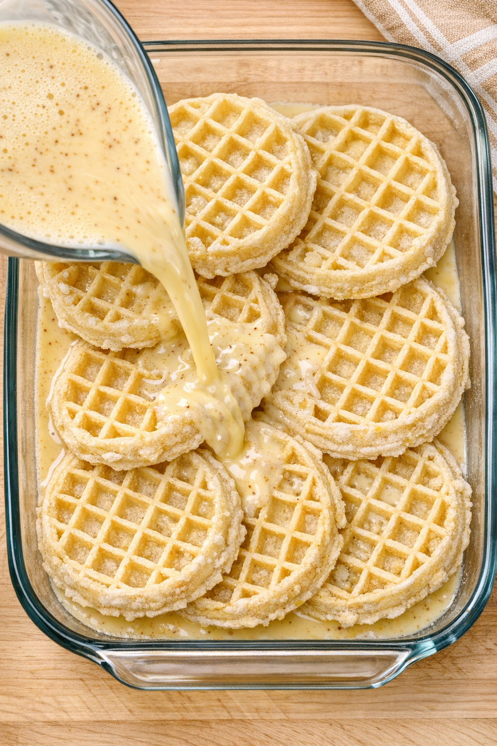 Sweet custard mixture poured over frozen waffles