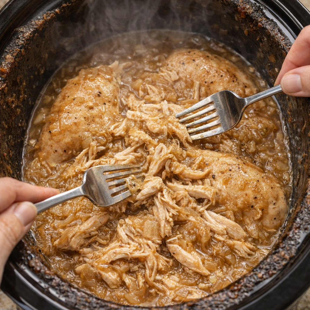 Tender onion chicken being shredded in the slow cooker