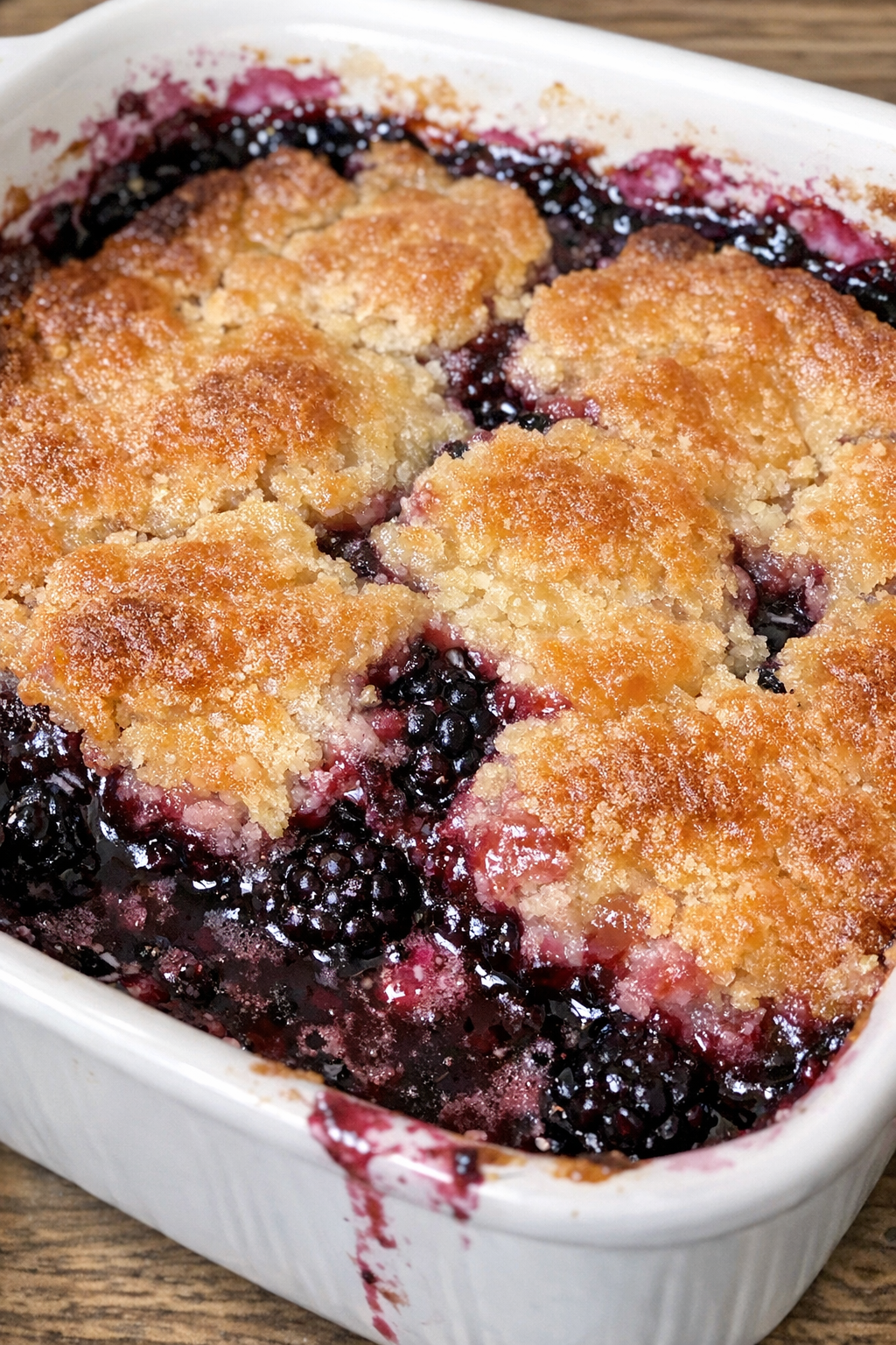 3-ingredient blackberry cobbler in a white ceramic baking dish