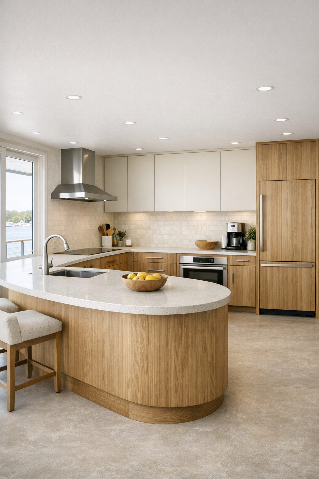 Warm modern houseboat kitchen with oak cabinetry, creamy upper cabinets, curved island, pale quartz counters, and matte tile backsplash
