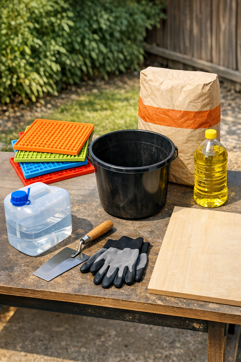 Materials for cement patio treads laid out on a work surface