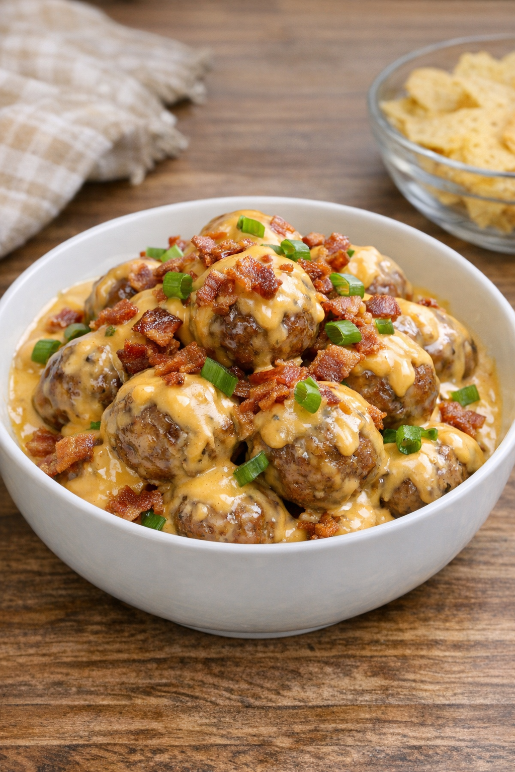 Finished cheddar bacon beef meatballs in a serving bowl