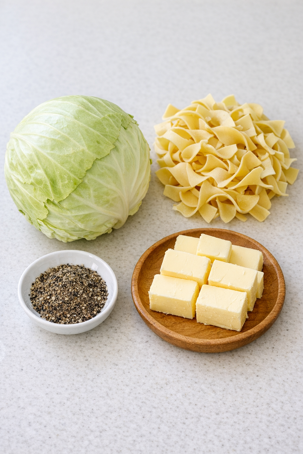 Cabbage, egg noodles, butter, and black pepper on a kitchen counter