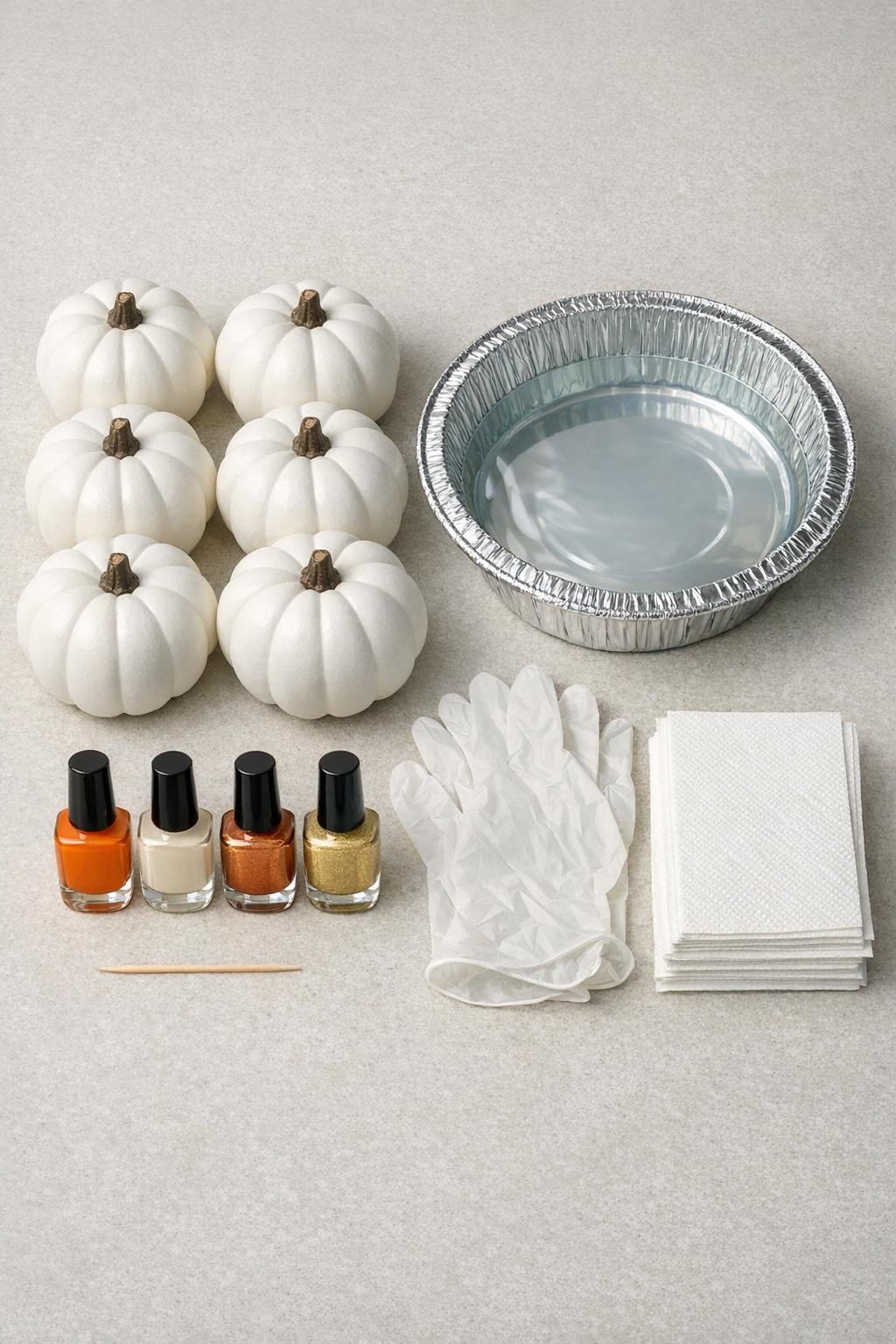 Materials laid out for marbling craft pumpkins