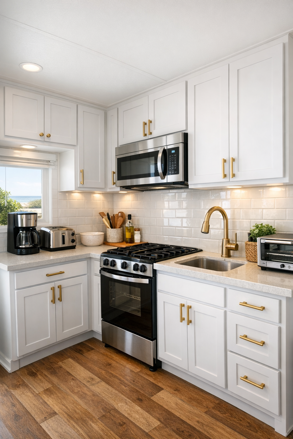 Coastal RV kitchen with white cabinetry, pale counters, and glossy tile backsplash