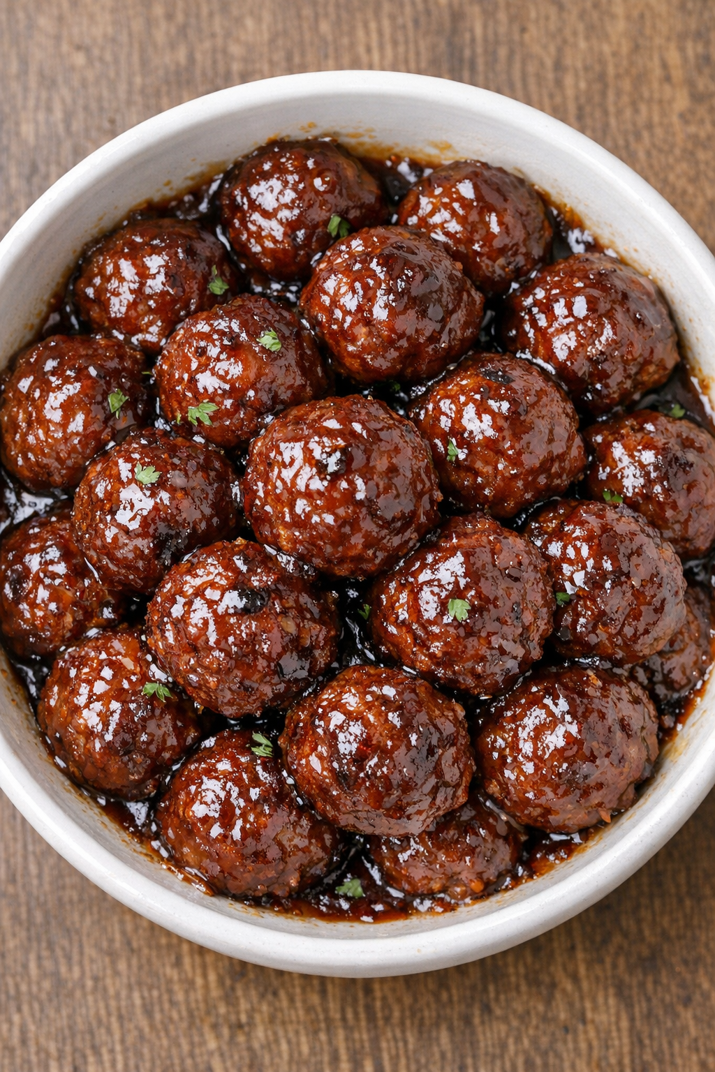 Southern 3-ingredient grape jelly meatballs in a white ceramic bowl