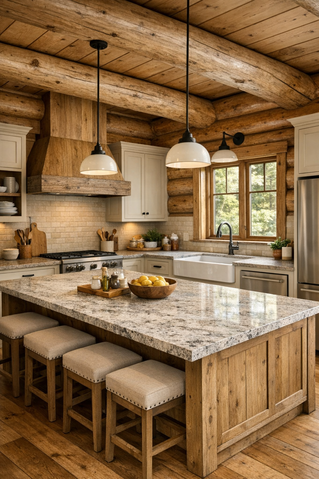 Kitchen with painted inset cabinetry, stone island, and farmhouse sink