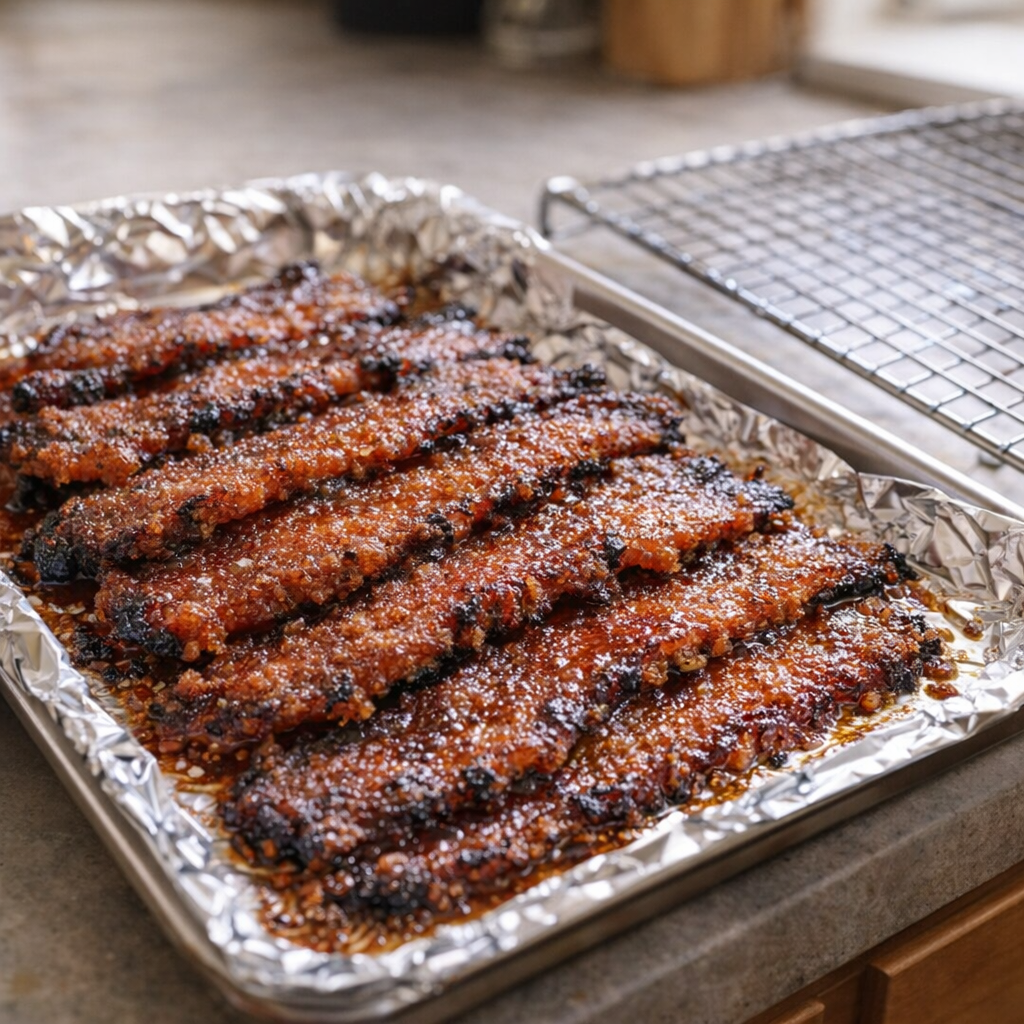 Foil-lined baking sheet prepared for bacon