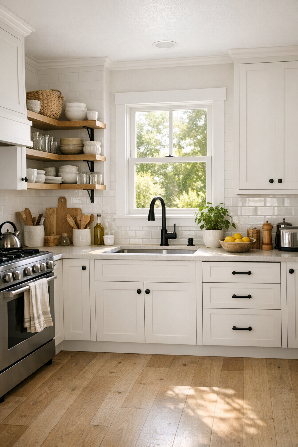 Compact white farmhouse kitchen with shaker cabinets and light counters
