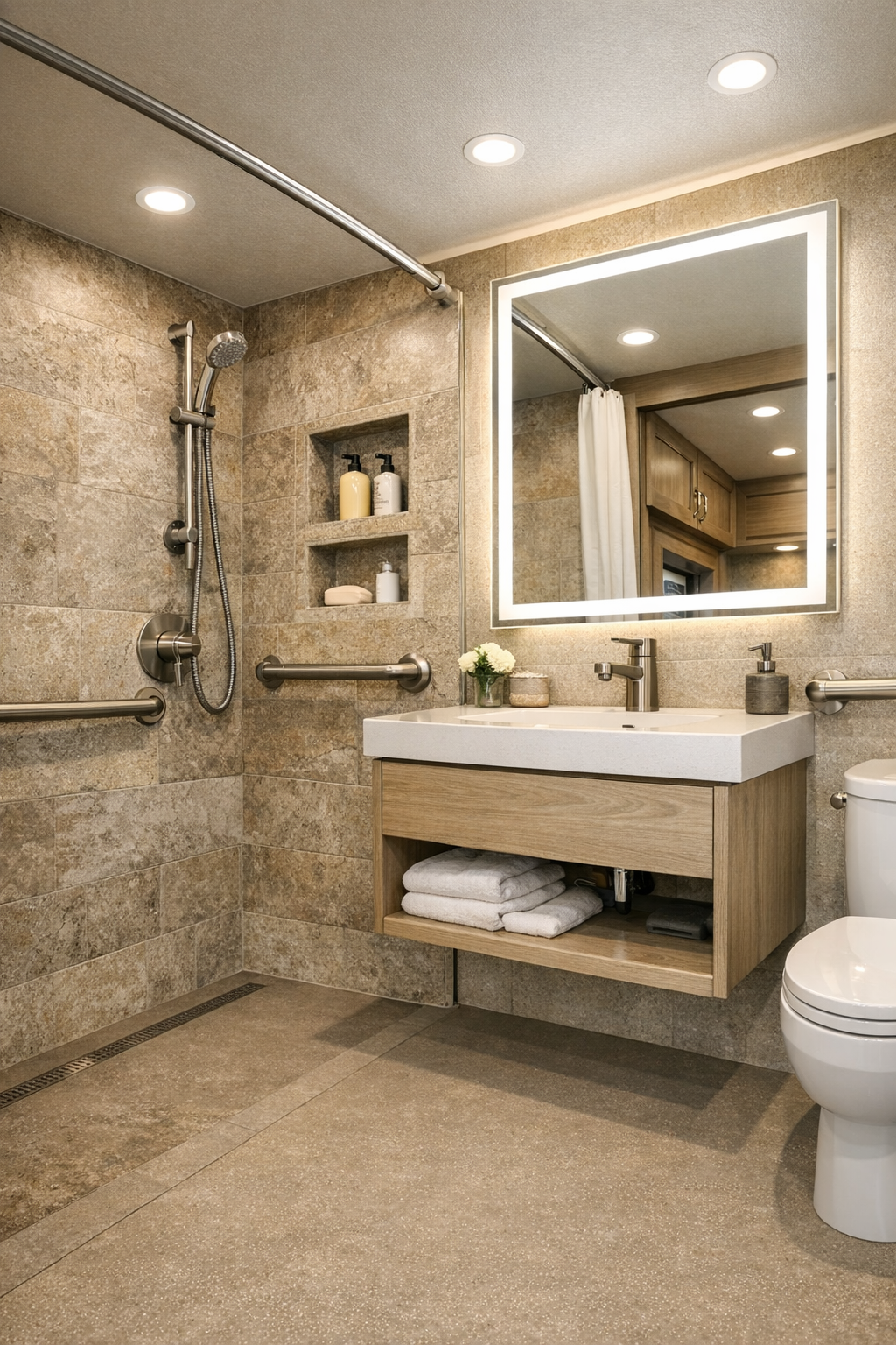 Accessible RV bathroom with curbless shower, stone-look walls, and floating vanity