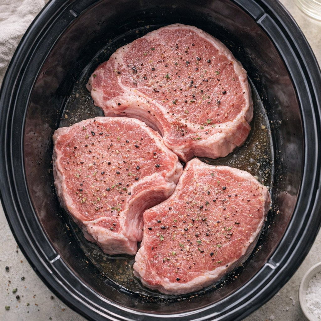 Raw pork chops arranged in a slow cooker