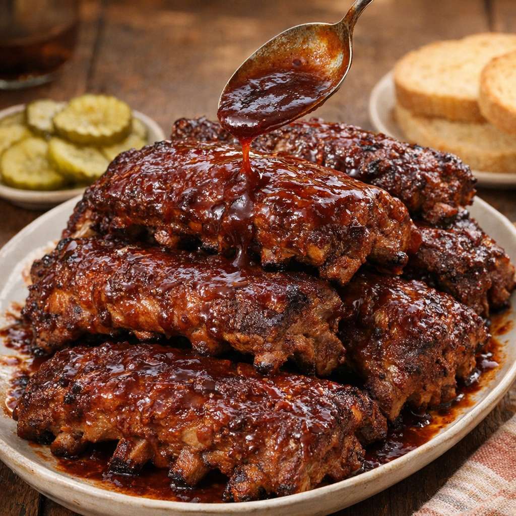 Finished barbecue ribs on a platter with extra sauce