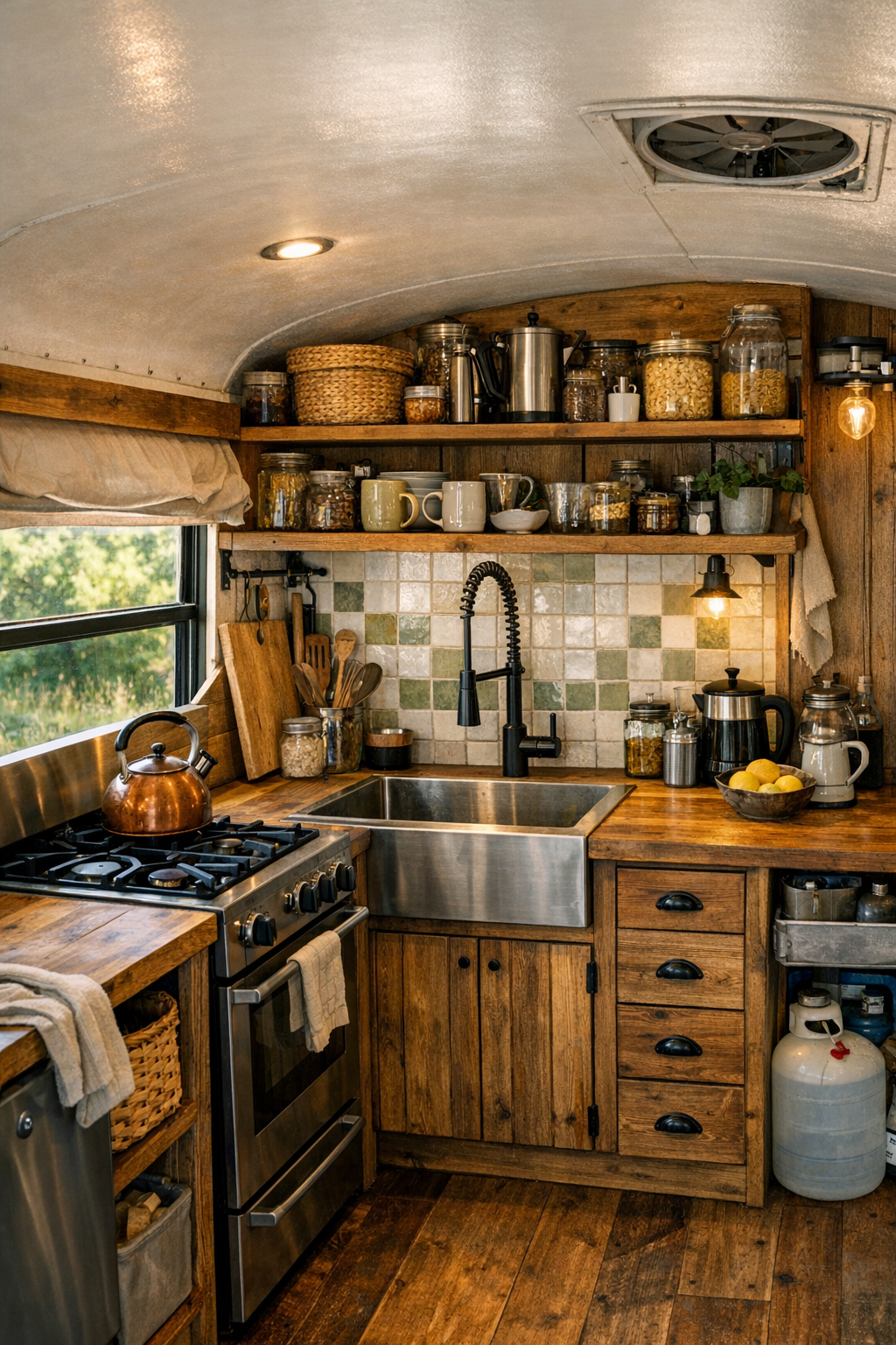 Efficient bus kitchen with wood cabinetry, compact range, and a farmhouse-inspired sink