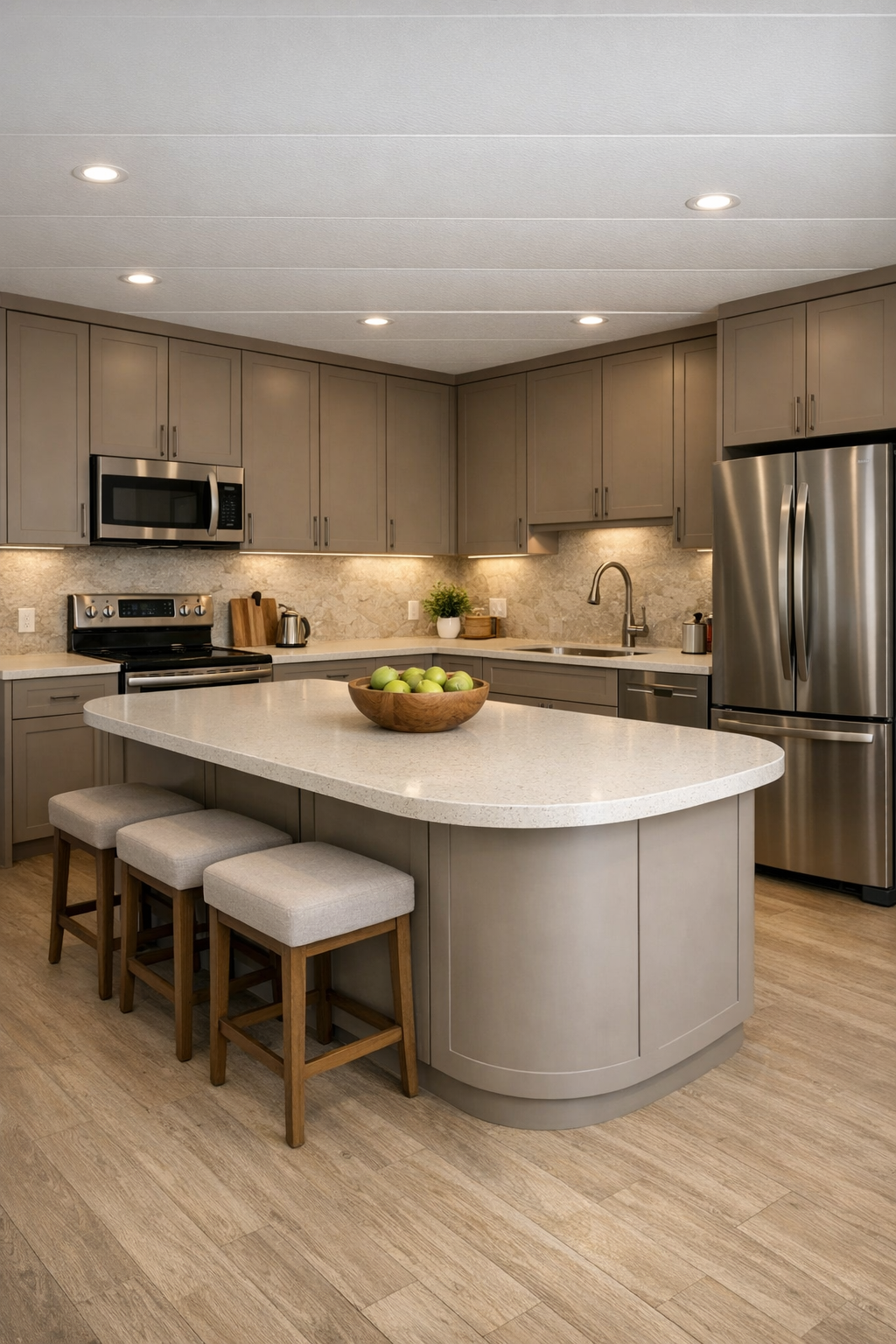 Elegant taupe kitchen with quartz counters, wide aisles, and a large island