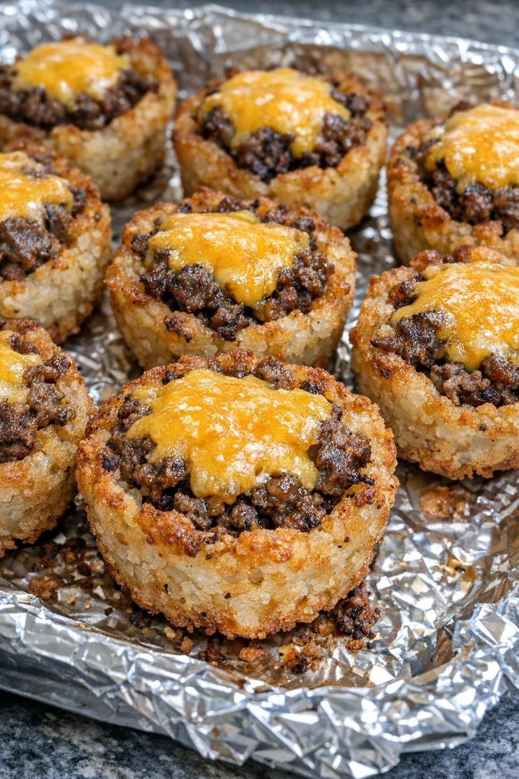 Crispy beef tater tot cups with melted cheddar