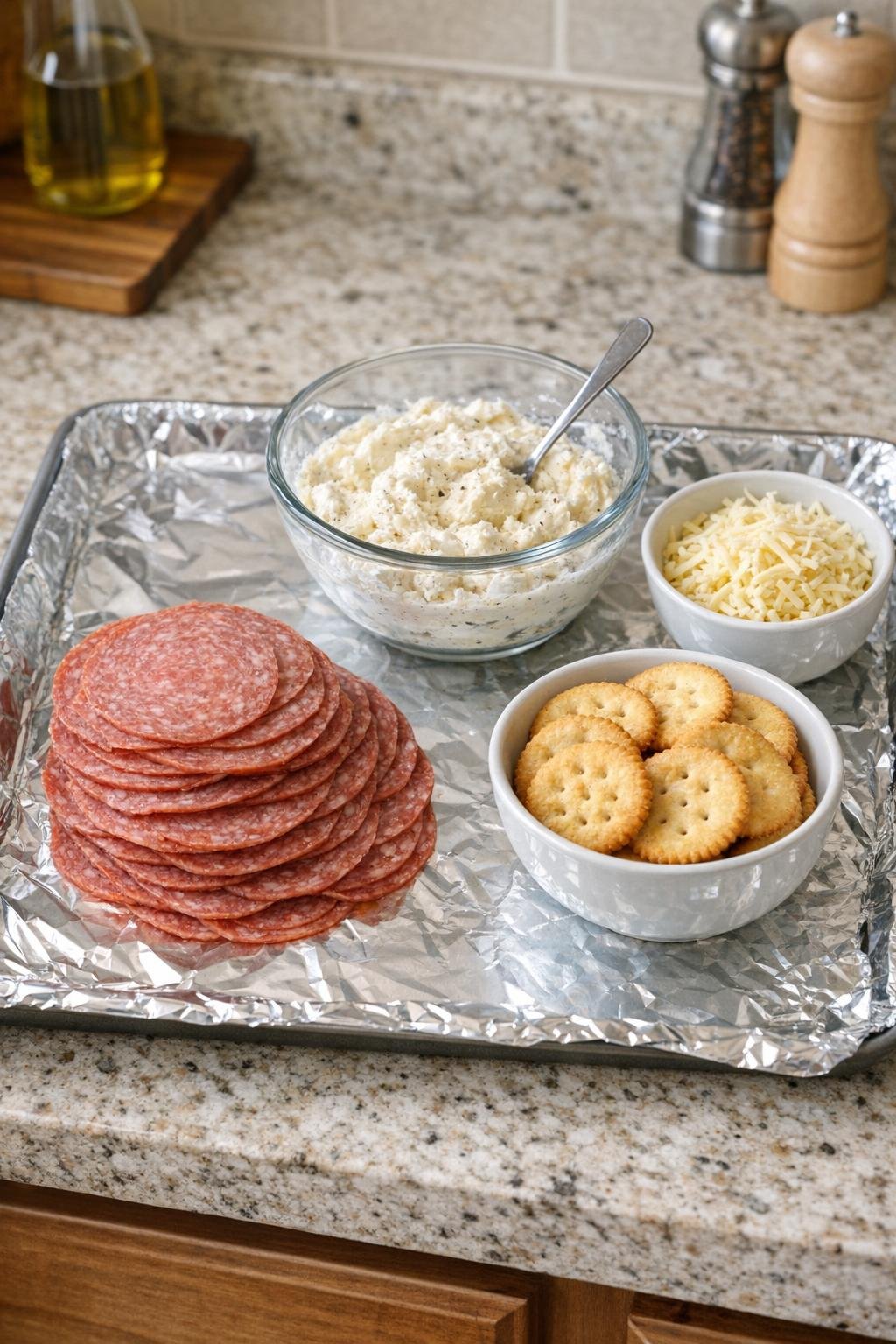 Blacha do pieczenia wyłożona folią aluminiową gotowa do pieczenia kawałków salami