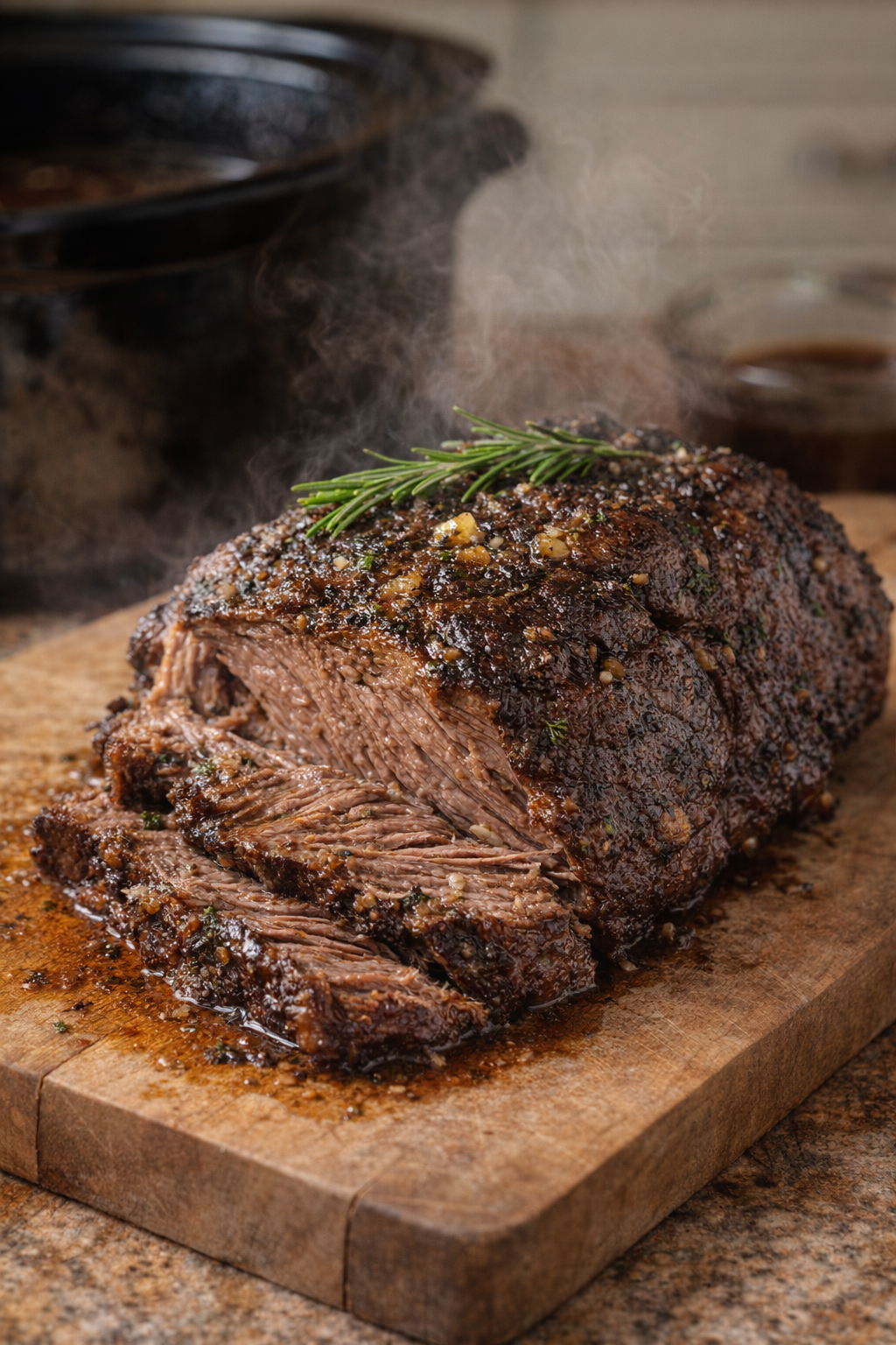 Cooked beef roast resting on a cutting board with juices nearby