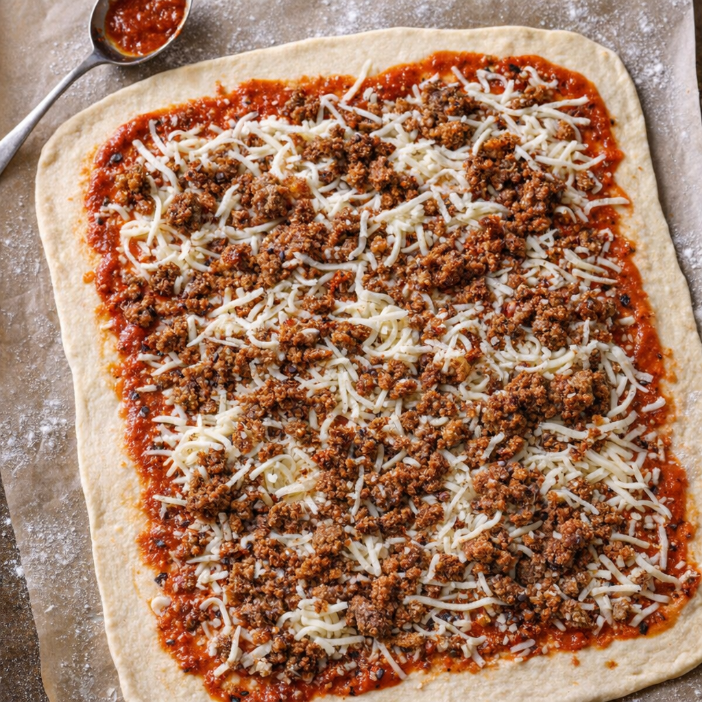 Pizza dough topped with sauce cheese and beef before rolling