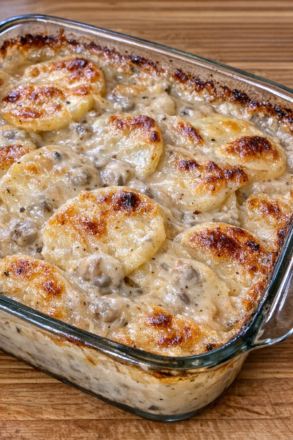 Creamy scalloped potatoes in a glass baking dish