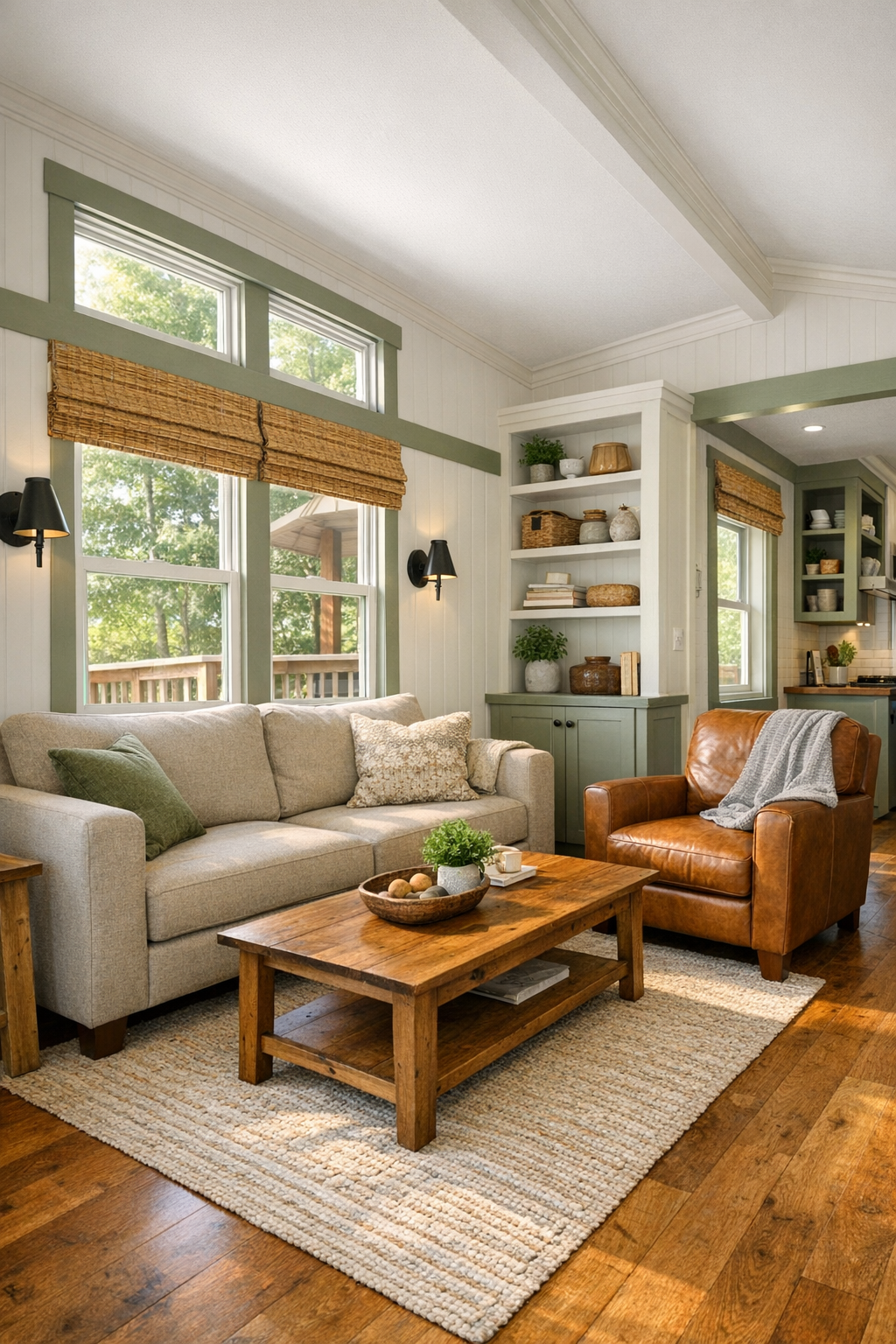 Bright craftsman-style living room with sage accents and warm wood finishes