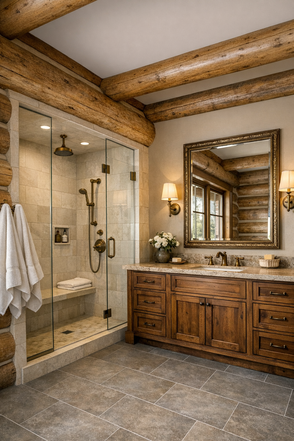 Warm bathroom with a wood vanity, brass fixtures, and a tiled walk-in shower